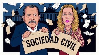 Caricatura de Daniel Ortega y Rosario Murillo rasgando un cartel de 'Sociedad Civil', con edificios oficiales y papeles cayendo en el fondo.
