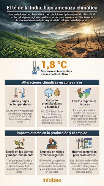 La imagen muestra un paisaje dividido: plantaciones de té verdes a la izquierda y tierra árida con árboles secos a la derecha, bajo un cielo nublado.
