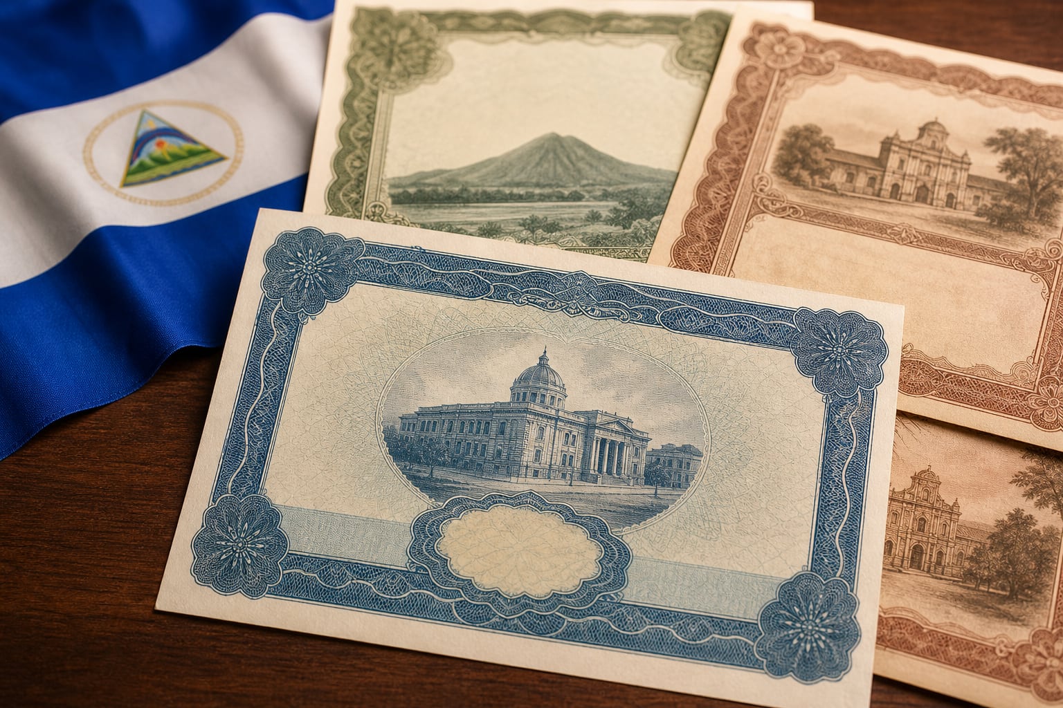 Varios certificados de bonos de Nicaragua con ilustraciones grabadas reposan sobre una mesa de madera junto a la bandera nacional. (Imagen Ilustrativa Infobae)