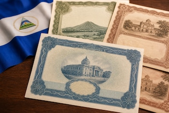 Documentos con orlas ornamentales e ilustraciones de edificios y paisajes junto a una bandera de Nicaragua sobre una mesa de madera.