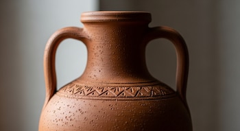 Primer plano de una ánfora de barro marrón con dos asas, textura granular y una banda con patrón geométrico grabado.