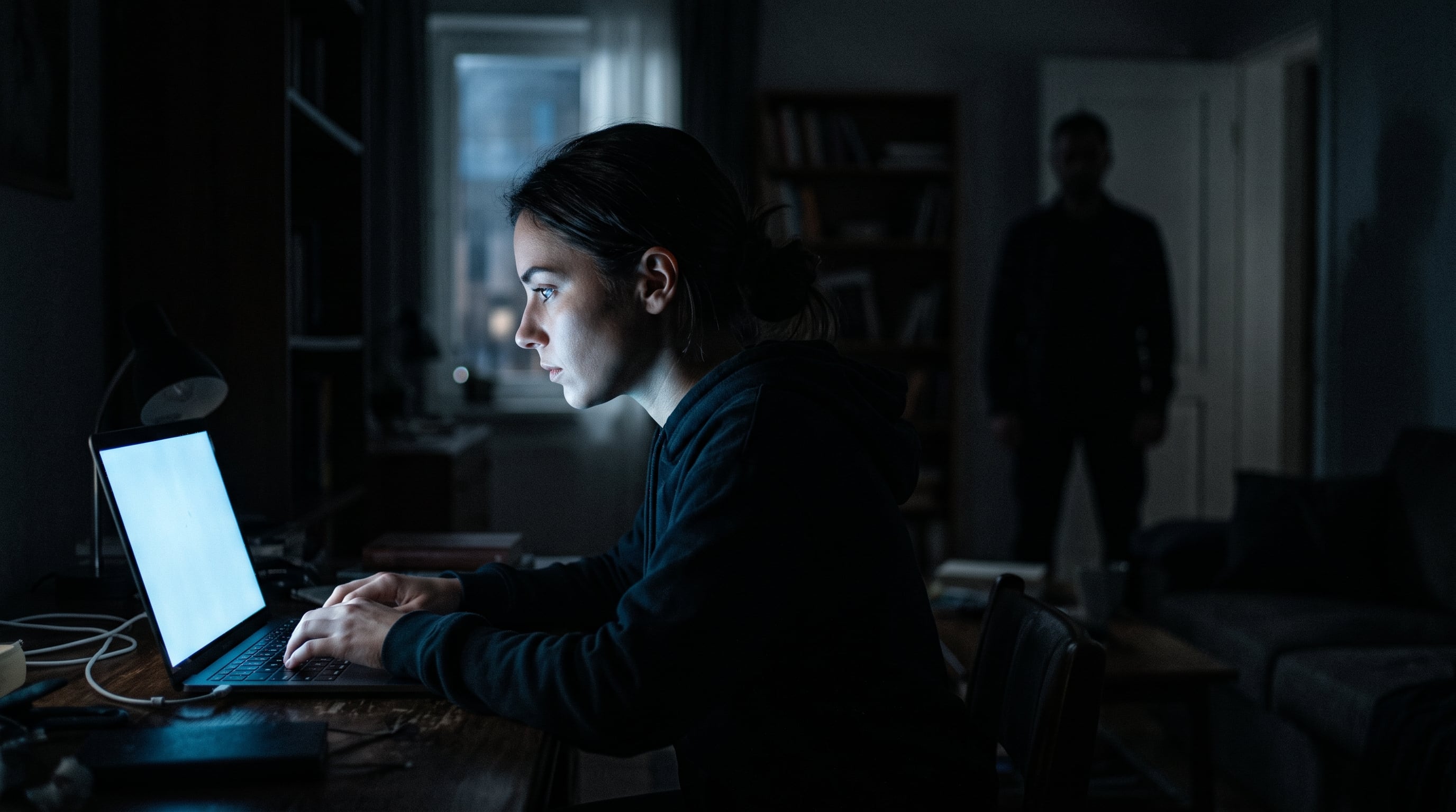 Una mujer trabaja frente a una computadora portátil encendida mientras la silueta de un hombre permanece de pie entre las sombras al fondo de la habitación. (Imagen Ilustrativa Infobae)