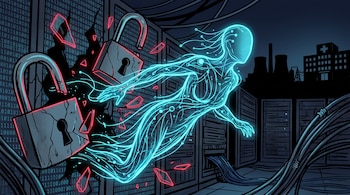 Ilustración estilo cómic de una figura brillante azul que cruza candados rotos en una sala de servidores con la silueta de un hospital.