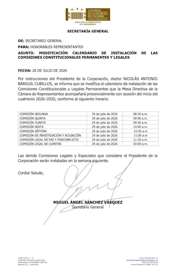 Por instrucciones del presidente de la Cámara de Representantes Nicolás Antonio Barguil Cubillos, la Secretaría General informó el 28 de julio de 2026 que se ajustó el cronograma para la instalación de las comisiones constitucionales y legales - crédito @SecreCamara/X