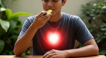 Primer plano de una persona comiendo un trozo de palta. Una luz roja y brillante emana del centro de su pecho, sobre la camiseta, indicando salud.