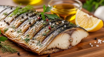 Primer plano de filete de caballa cocinado en tabla de madera, con hierbas frescas, pimienta, sal gruesa, un gajo de limón y aceite de oliva.