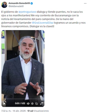 Armando Benedetti destacó el diálogo tras levantamiento del paro en Santander - crédito @AABenedetti/X