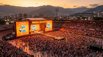 Vista aérea de un estadio lleno de personas durante un concierto al atardecer. El escenario muestra pantallas LED gigantes con el logo 'Viajando por el mundo' y 'KAROL G', iluminado con luces de neón naranja, y las montañas de Medellín de fondo.