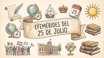 Pancarta con 'Efemérides del 25 de Julio', pergamino, pluma, globos, brújulas, barco, corona, calendario, sol, libros, personas con banderas, edificio histórico y esfera armilar.