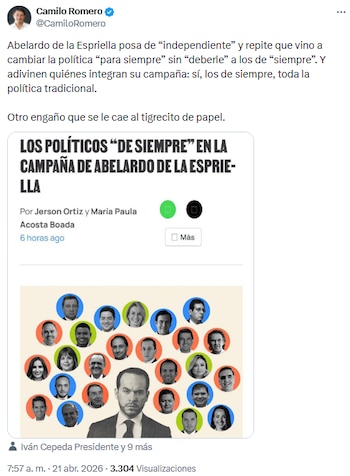 Camilo Romero arremetió en X contra Abelardo de la Espriella - crédito @CamiloRomero/X