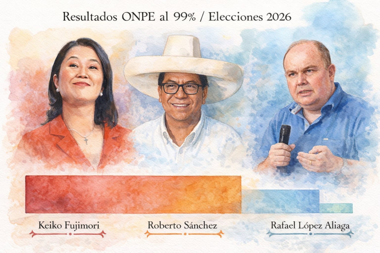 Ilustración en acuarela mostrando a Keiko Fujimori, Roberto Sánchez y Rafael López Aliaga junto a barras que representan los resultados de la ONPE al 99% de las Elecciones 2026. (Imagen Ilustrativa Infobae)