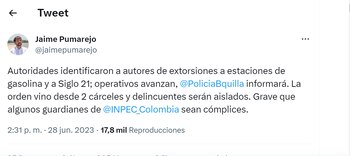 Trino de Jaime Pumarejo sobre autores de extorsión