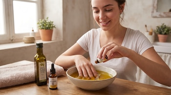 Una mujer sonriente sumerge sus manos en un cuenco con líquido, mientras sostiene un frasco de vitamina E. En la mesa, un aceite de oliva y una toalla.