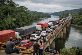Vista aérea de una larga fila de camiones y autos detenidos sobre un puente de concreto y metal que cruza un río, con personas esperando y vegetación densa alrededor.