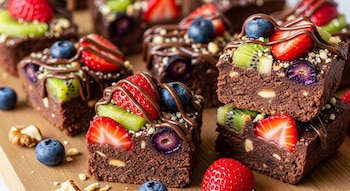 Primer plano de varios brownies oscuros en una tabla de madera, cubiertos con fresas cortadas, arándanos, rodajas de kiwi, trozos de nuez y sirope de chocolate.