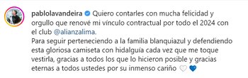 Pablo Lavandeira reveló por redes sociales que renovó contrato con Alianza Lima. (Foto: captura Instagram)