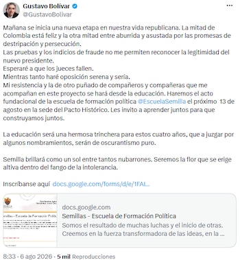Gustavo Bolívar anunció oposición desde la educación y lanzó la Escuela Semilla - crédito @GustavoBolivar/X
