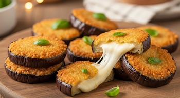 Varias porciones de berenjena gratinadas, apiladas en una tabla de madera, con hojas de albahaca. Una porción exhibe queso blanco derretido y elástico.
