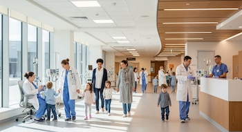 Un pasillo ancho de hospital pediátrico con grandes ventanales, personal médico con uniforme, niños pequeños y adultos. Se ven equipos médicos portátiles.