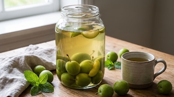 Un frasco de vidrio lleno de ciruelas verdes sumergidas en líquido amarillento, rodeado de ciruelas verdes, hojas de menta y una taza de cerámica con té.