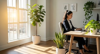 Una mujer con traje de negocios teclea en una laptop sentada en un escritorio de madera en una oficina luminosa con grandes ventanas y tres plantas verdes en macetas.