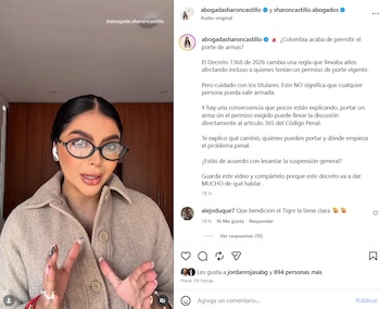 Castillo señaló que "portar un arma sin el permiso exigido puede llevar la discusión directamente al artículo 365 del Código Penal" - crédito @abogadasharoncastillo/IG