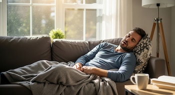 Un hombre de mediana edad duerme en un sofá gris, cubierto con una manta. La luz del sol entra por una ventana, iluminando la habitación. Hay una planta y una lámpara.