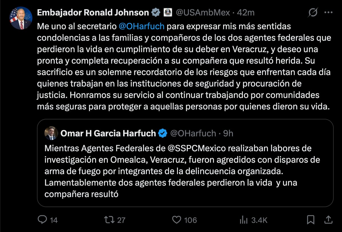 Tweet del embajador de EEUU en México tras el asesinato de dos agentes de la SSPC. Crédito: X - @USAmbMex
