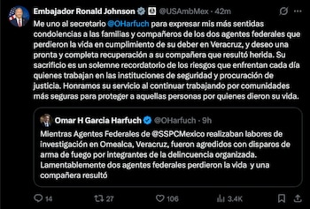 Tweet del embajador de EEUU en México tras el asesinato de dos agentes de la SSPC. Crédito: X - @USAmbMex