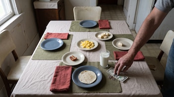Mesa con varios platos de comida, tortilla, huevo revuelto, carne, plátano, vaso de leche. Una mano con un billete de dólar y monedas.
