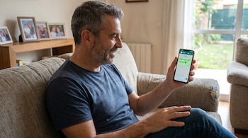 Hombre de mediana edad sonriendo y mirando su teléfono móvil, que muestra un mensaje de WhatsApp de "Feliz día del padre". Se sienta en un sofá en casa.