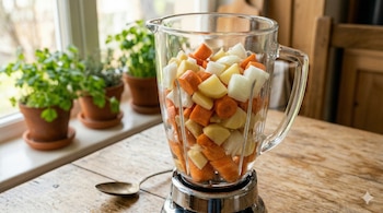 Servida en porciones generosas, la crema de zanahoria es perfecta como entrada ligera o almuerzo saludable - crédito visuales IA infobae / Gemini