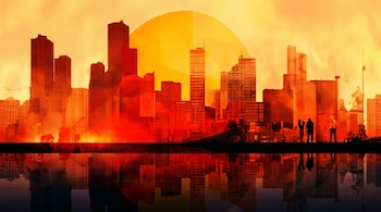 Ilustración de una ciudad con rascacielos en silueta, bajo un cielo naranja rojizo con un sol amarillo y reflejos en el agua, con figuras humanas.