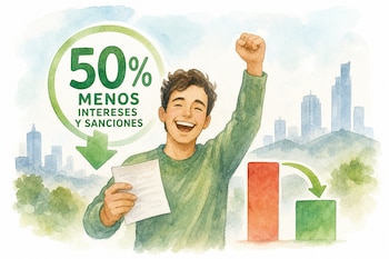 Un hombre levanta el puño sosteniendo un papel junto a un gráfico de barras y una señal de descuento del 50 por ciento.