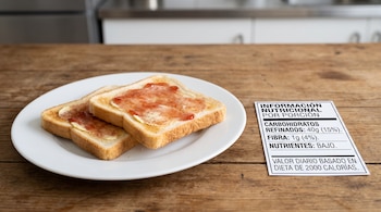 Dos rebanadas de pan blanco tostado con mantequilla y mermelada en un plato blanco sobre una mesa de madera, junto a una etiqueta nutricional.
