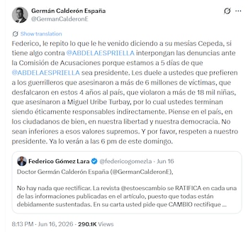 La FLIP también cuestionó declaraciones del abogado Germán Calderón España, quien aseguró públicamente que periodistas de Cambio han atacado al candidato desde el inicio de la campaña y atribuyó responsabilidades éticas al medio - crédito @GermanCalderonE/X