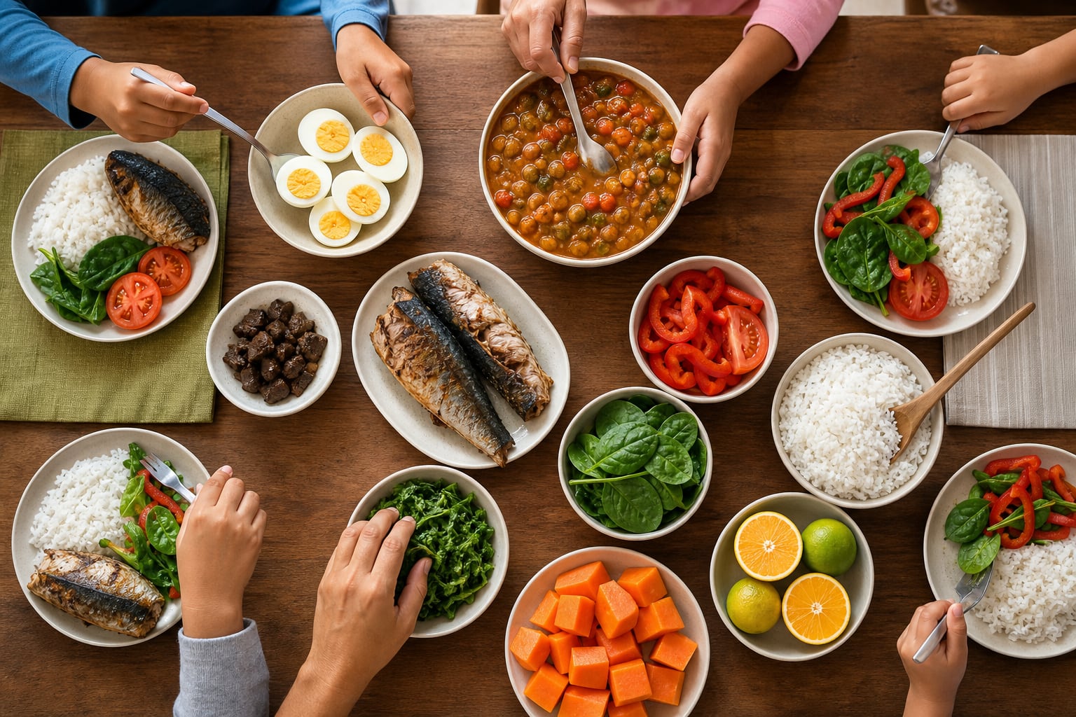 Varios comensales comparten una mesa con pescado, huevos, verduras, menestras y frutas seleccionados para prevenir la anemia infantil. (Imagen Ilustrativa Infobae)