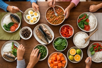 Vista superior de una mesa de madera con tazones y platos con arroz, pescado, huevos duros, verduras, frutas y manos de personas comiendo.