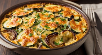 Un pastel de calabacín y cebolla caramelizada gratinado en una fuente redonda de cerámica, cubierto de queso fundido y perejil picado.