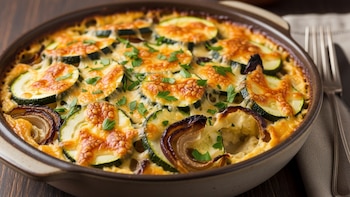 Pastel de calabacín y cebolla caramelizada: una receta gratinada con un contraste de texturas muy llamativo