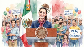Ilustración en acuarela de mujer en podio con escudo mexicano y bandera; hombres y niños alrededor portan carteles de Feliz Día del Padre.