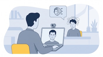 Un hombre frente a una computadora portátil en videollamada que muestra un rostro con escaneo digital y un bocadillo con una cara mitad circuito.