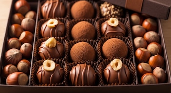 Caja de regalo abierta, bombones de chocolate en capacillos de papel, algunos con avellana o cacao espolvoreado, y avellanas enteras.
