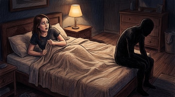 Ilustración de una mujer sujetando las sábanas en la cama mientras observa una silueta negra sentada al borde del colchón.