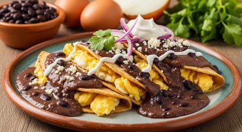 Un plato de enfrijoladas rellenas de huevo revuelto bañadas en salsa de frijol, adornadas con crema, queso, cebolla morada y cilantro fresco.