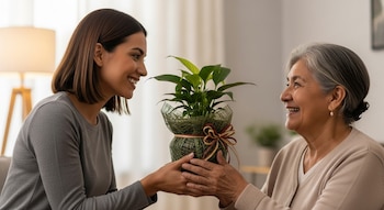 Una mujer joven entrega una planta en maceta decorada con lazo a una mujer mayor con cabello canoso. Ambas mestizas sonríen cálidamente en un interior.
