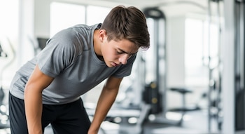 Un adolescente joven con una camiseta deportiva gris se inclina hacia adelante, con la cabeza baja y el rostro cubierto de sudor, en un gimnasio.