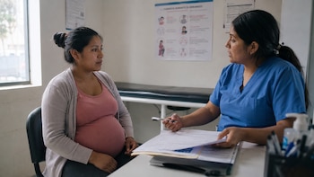 Mujer embarazada y profesional de la salud sentadas en un consultorio; hay un escritorio con documentos, bolígrafos, gel antibacterial, camilla y un póster de cuidados prenatales