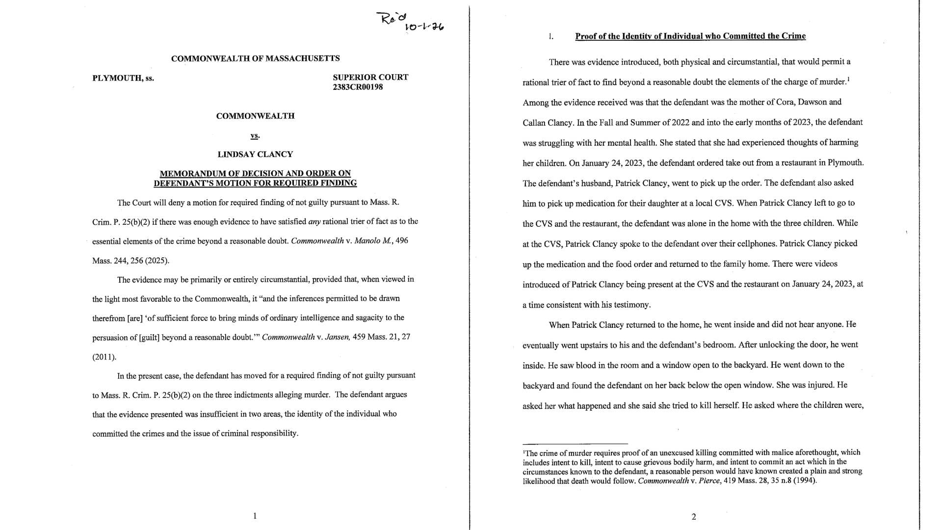 El Tribunal Superior de Massachusetts emite un memorando de decisión en el proceso penal contra Lindsay Clancy por cargos de homicidio en Estados Unidos. (@KristinaRex)