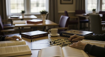 Manos de personas mayores sobre un tablero de juego y libros abiertos en un salón con mesas, sillas y ventanales
